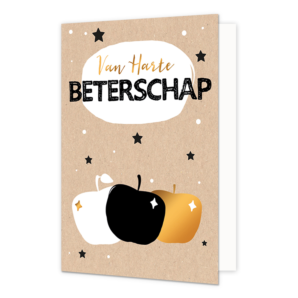 Van harte beterschap - Formaat: Standaard - Vorm: Staand - Beterschapskaart - Op deze wenskaart staan drie appels met daarboven de tekst: "Van harte beterschap". - Snelwenskaart