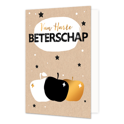Van harte beterschap - Formaat: Standaard - Vorm: Staand - Beterschapskaart - Op deze wenskaart staan drie appels met daarboven de tekst: "Van harte beterschap". - Snelwenskaart