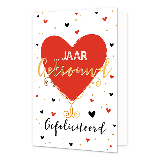 ... jaar getrouwd - Formaat: Normaal - Vorm: Staand - Huwelijkskaart - Op deze wenskaart staat een groot roden hart met de tekst: "... jaar getrouwd gefeliciteerd". - Snelwenskaart