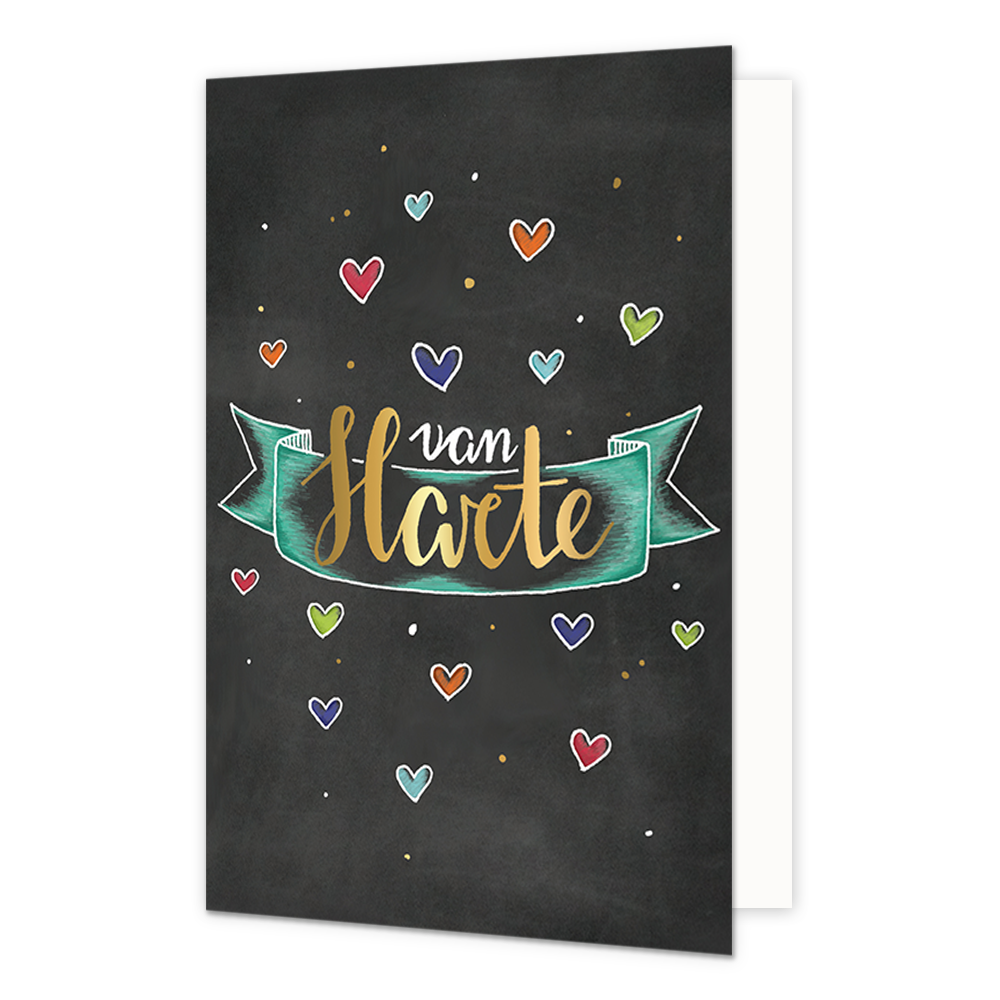 Van harte... - Formaat: Standaard - Vorm: Staand - Felicitatiekaart - Op deze wenskaart staan hartjes in diverse kleuren met de tekst: "Van harte". - Snelwenskaart