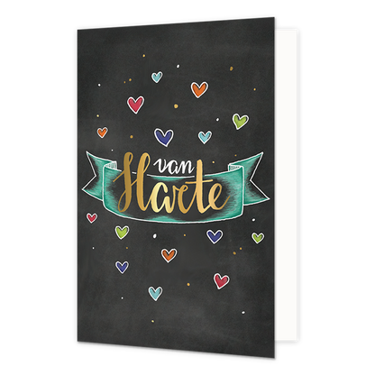 Van harte... - Formaat: Standaard - Vorm: Staand - Felicitatiekaart - Op deze wenskaart staan hartjes in diverse kleuren met de tekst: "Van harte". - Snelwenskaart