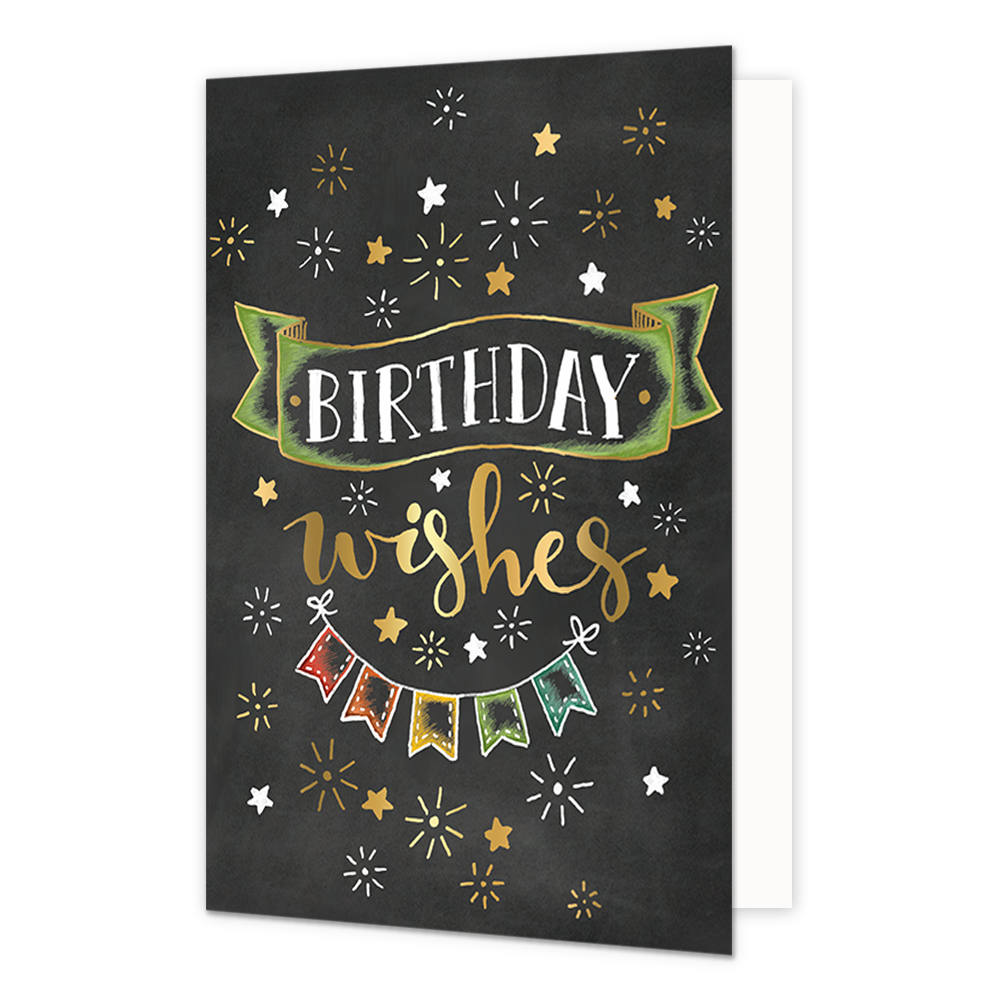 Birthday wishes - Formaat: Normaal - Vorm: Staand - Verjaardagskaart - Op deze wenskaart staat een slinger met daarboven de tekst: "Birthday wishes". - Snelwenskaart