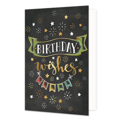 Birthday wishes - Formaat: Normaal - Vorm: Staand - Verjaardagskaart - Op deze wenskaart staat een slinger met daarboven de tekst: "Birthday wishes". - Snelwenskaart