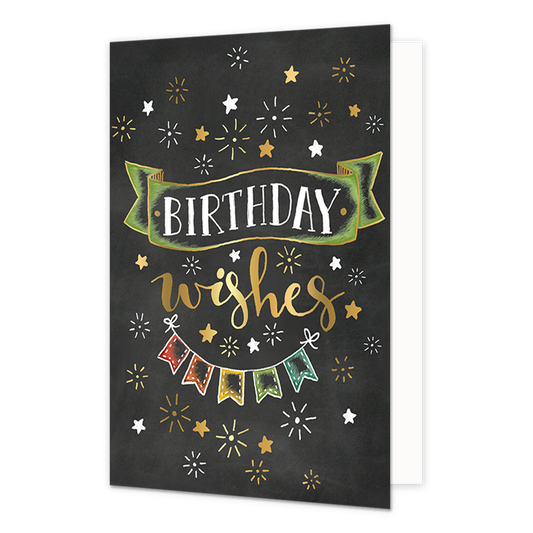 Birthday wishes - Formaat: Normaal - Vorm: Staand - Verjaardagskaart - Op deze wenskaart staat een slinger met daarboven de tekst: "Birthday wishes". - Snelwenskaart