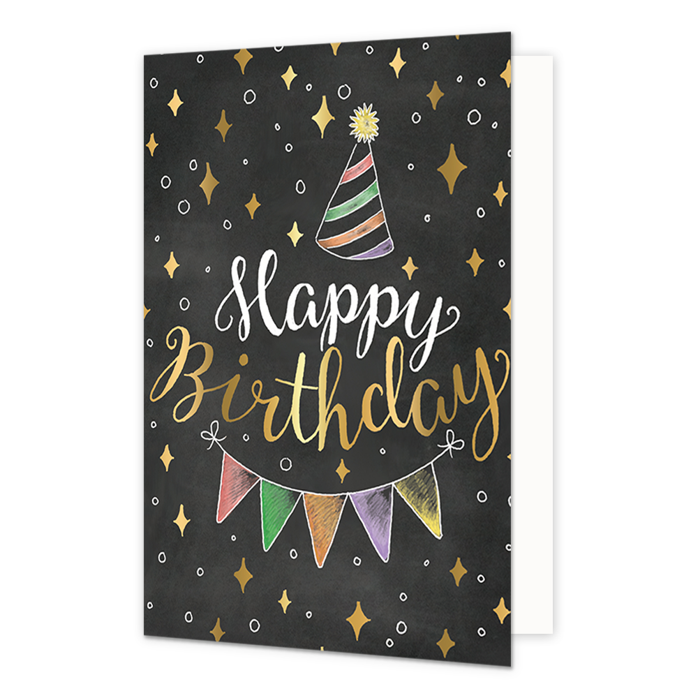 Happy birthday - Formaat: Normaal - Vorm: Staand - Verjaardagskaart - Op deze wenskaart staat een slinger met daarboven de tekst: "Happy birthday". - Snelwenskaart
