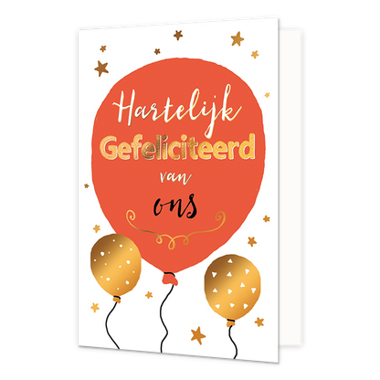 Hartelijk gefeliciteerd van ons - Formaat: Normaal - Vorm: Staand - Felicitatiekaart - Op deze wenskaart staan ballonnen in de kleuren rood en goud met de tekst: "Hartelijk gefeliciteerd van ons". - Snelwenskaart