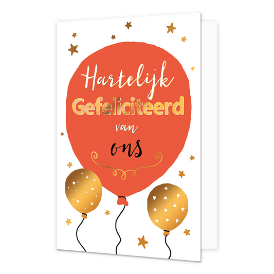 Hartelijk gefeliciteerd van ons - Formaat: Normaal - Vorm: Staand - Felicitatiekaart - Op deze wenskaart staan ballonnen in de kleuren rood en goud met de tekst: "Hartelijk gefeliciteerd van ons". - Snelwenskaart