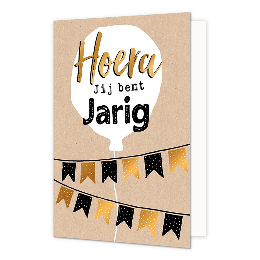 Hoera jij bent jarig - Formaat: Normaal - Vorm: Staand - Verjaardagskaart - Op deze wenskaart staan slingers met daarboven een ballon met de tekst: "Hoera jij bent jarig". - Snelwenskaart