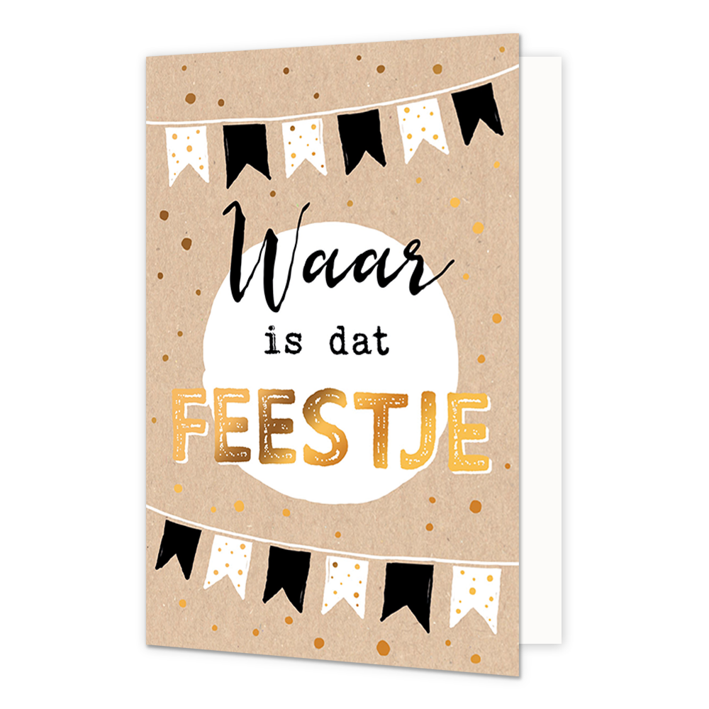 Waar is dat feestje - Formaat: Standaard - Vorm: Staand - Felicitatiekaart - Op deze wenskaart staan slingers met daartussen de tekst: "Waar is dat feestje". - Snelwenskaart