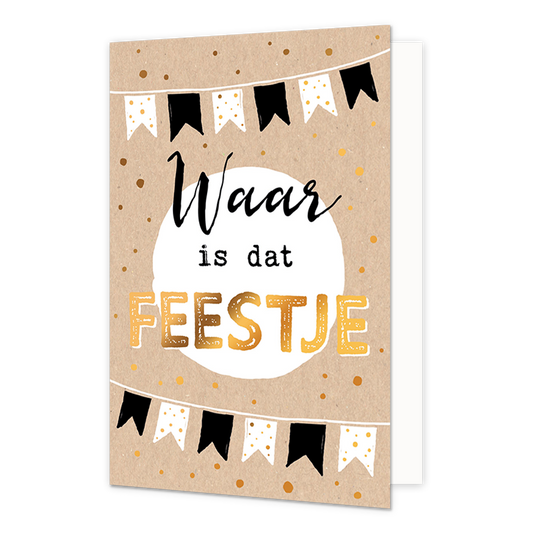 Waar is dat feestje - Formaat: Normaal - Vorm: Staand - Felicitatiekaart - Op deze wenskaart staan slingers met daartussen de tekst: "Waar is dat feestje". - Snelwenskaart