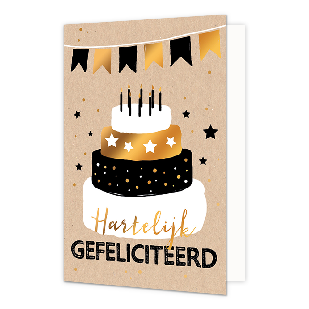Hartelijk gefeliciteerd - Formaat: Standaard - Vorm: Staand - Felicitatiekaart - Op deze wenskaart staat een vierlaagse taart met daarboven slingers. In de illustratie staat de tekst: "Hartelijk gefeliciteerd". - Snelwenskaart