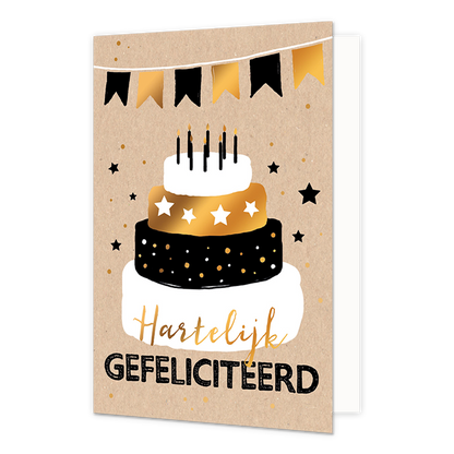 Hartelijk gefeliciteerd - Formaat: Standaard - Vorm: Staand - Felicitatiekaart - Op deze wenskaart staat een vierlaagse taart met daarboven slingers. In de illustratie staat de tekst: "Hartelijk gefeliciteerd". - Snelwenskaart