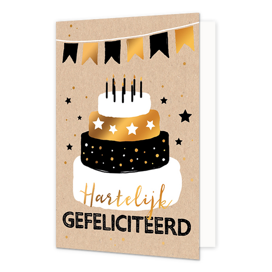 Hartelijk gefeliciteerd - Formaat: Normaal - Vorm: Staand - Felicitatiekaart - Op deze wenskaart staat een vierlaagse taart met daarboven slingers. In de illustratie staat de tekst: "Hartelijk gefeliciteerd". - Snelwenskaart