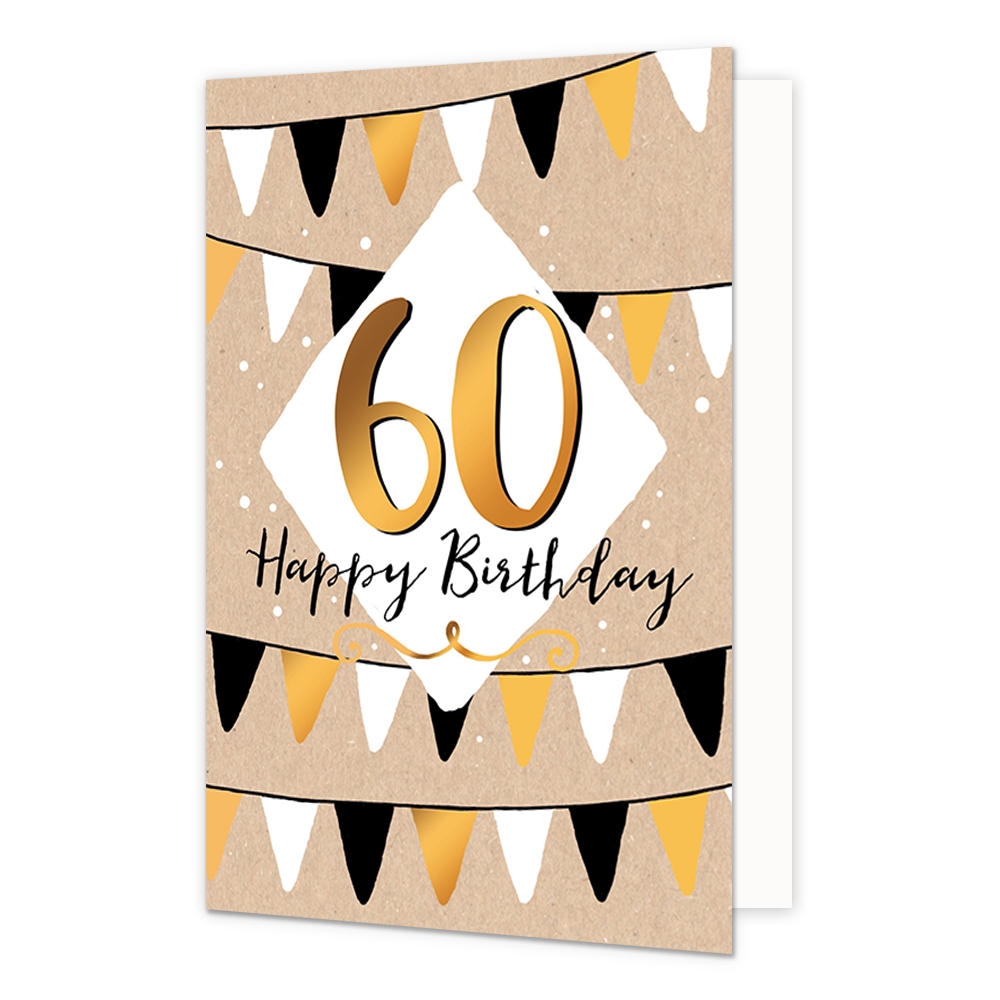 60 Happy birthday - Formaat: Normaal - Vorm: Staand - Verjaardagskaart - Op deze wenskaart staan slingers met in het midden een ruit met de tekst: "60 Happy birthday". - Snelwenskaart