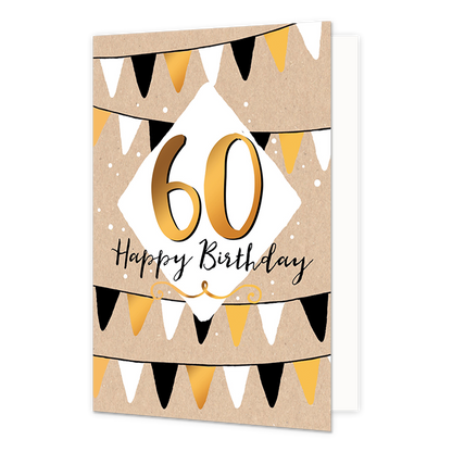60 Happy birthday - Formaat: Normaal - Vorm: Staand - Verjaardagskaart - Op deze wenskaart staan slingers met in het midden een ruit met de tekst: "60 Happy birthday". - Snelwenskaart
