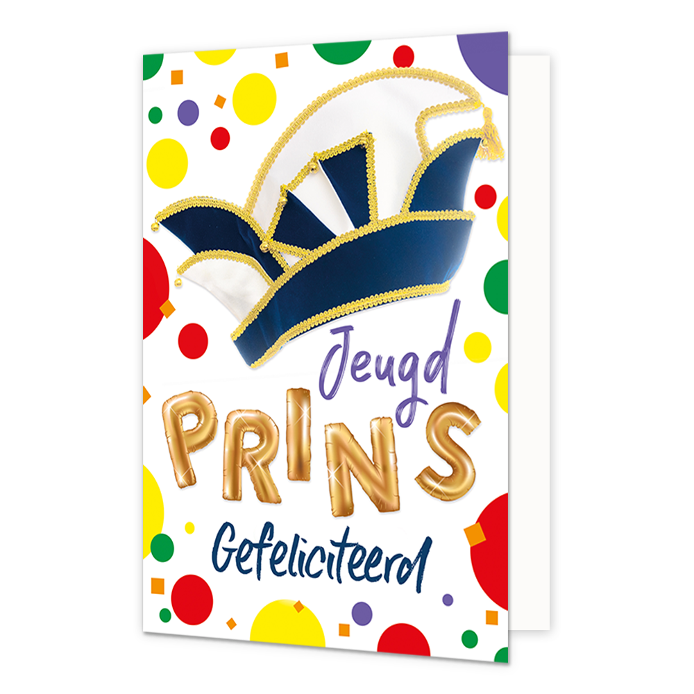 Jeugd prins gefeliciteerd - Formaat: Normaal - Vorm: Staand - Carnavalskaart - Op deze carnavalskaart staat een prinsensteek met de tekst: "Jeugd prins gefeliciteerd". - Snelwenskaart