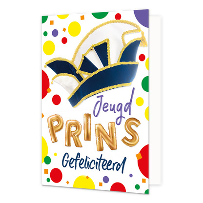 Jeugd prins gefeliciteerd - Formaat: Normaal - Vorm: Staand - Carnavalskaart - Op deze carnavalskaart staat een prinsensteek met de tekst: "Jeugd prins gefeliciteerd". - Snelwenskaart