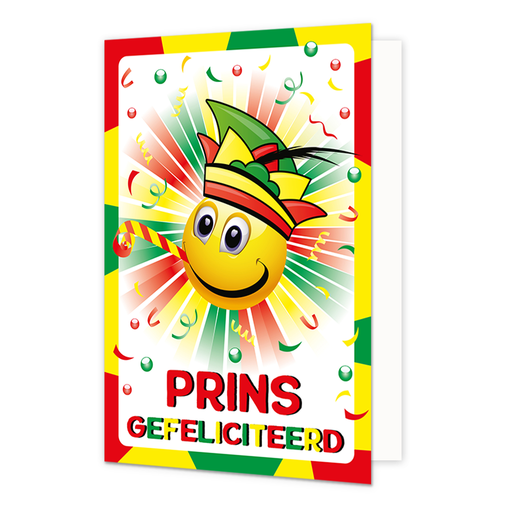 Prins gefeliciteerd - Formaat: Normaal - Vorm: Staand - Carnavalskaart - Op deze carnavalskaart staat een smiley met prinsensteek en de tekst: "Prins gefeliciteerd". - Snelwenskaart