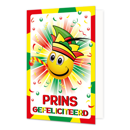 Prins gefeliciteerd - Formaat: Normaal - Vorm: Staand - Carnavalskaart - Op deze carnavalskaart staat een smiley met prinsensteek en de tekst: "Prins gefeliciteerd". - Snelwenskaart