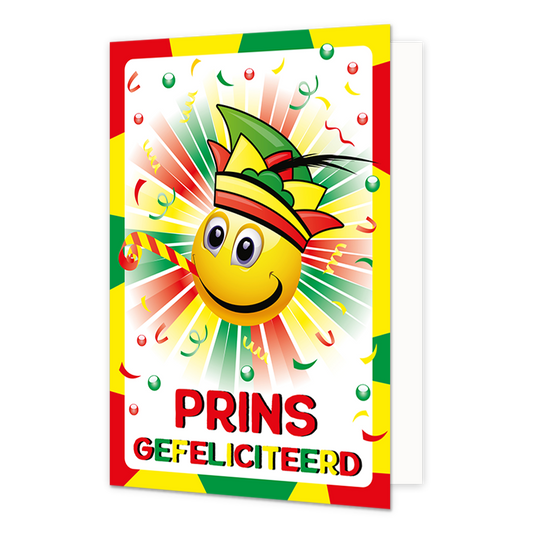 Prins gefeliciteerd - Formaat: Normaal - Vorm: Staand - Carnavalskaart - Op deze carnavalskaart staat een smiley met prinsensteek en de tekst: "Prins gefeliciteerd". - Snelwenskaart