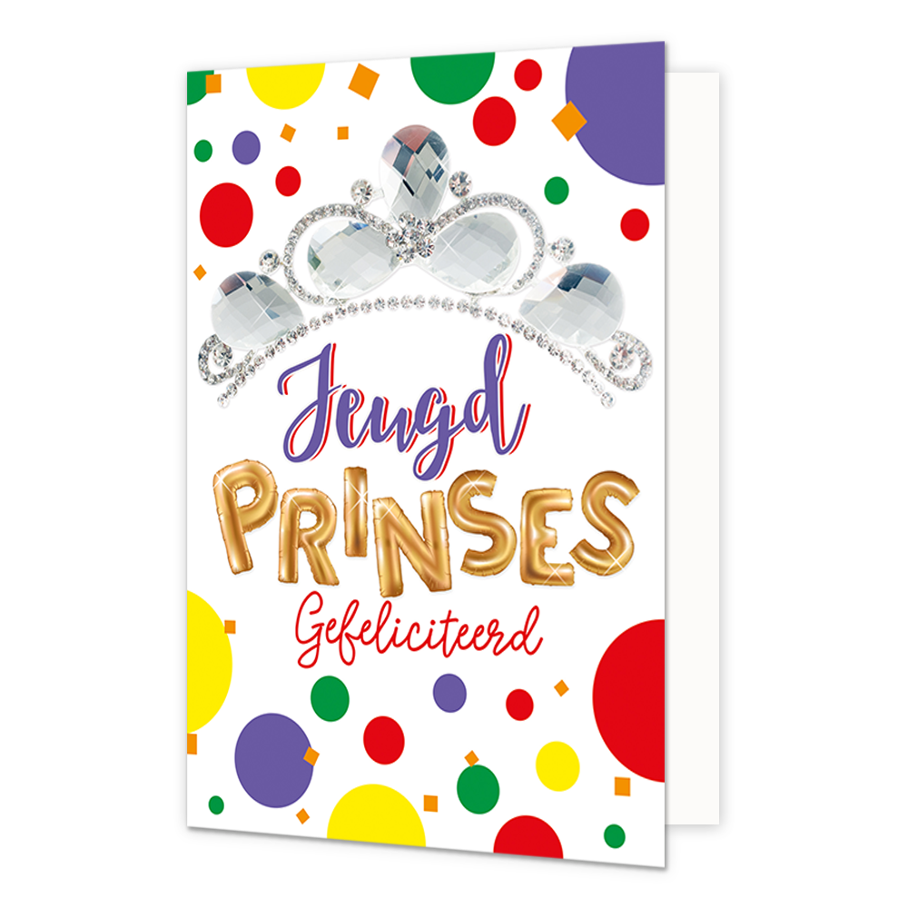 Jeugd prinses gefeliciteerd - Formaat: Standaard - Vorm: Staand - Carnavalskaart - Op deze carnavalskaart staat een tiara met de tekst: "Jeugd prinses gefeliciteerd". - Snelwenskaart