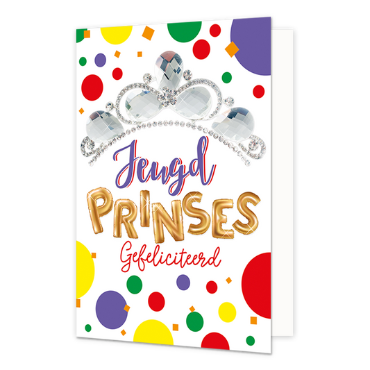 Jeugd prinses gefeliciteerd - Formaat: Standaard - Vorm: Staand - Carnavalskaart - Op deze carnavalskaart staat een tiara met de tekst: "Jeugd prinses gefeliciteerd". - Snelwenskaart