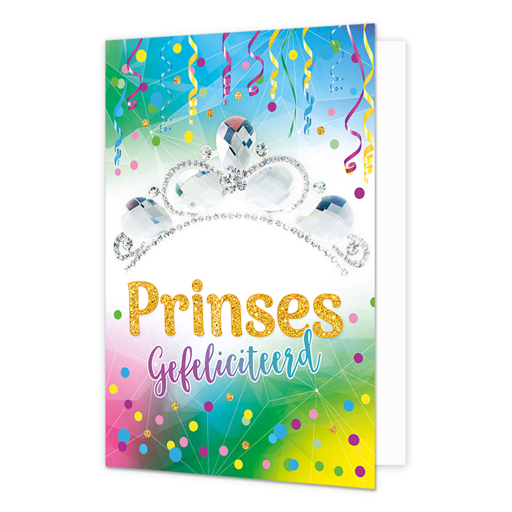 Prinses gefeliciteerd - Formaat: Normaal - Vorm: Staand - Carnavalskaart - Op deze carnavalskaart staat een tiara met de tekst: "Prinses gefeliciteerd". - Snelwenskaart