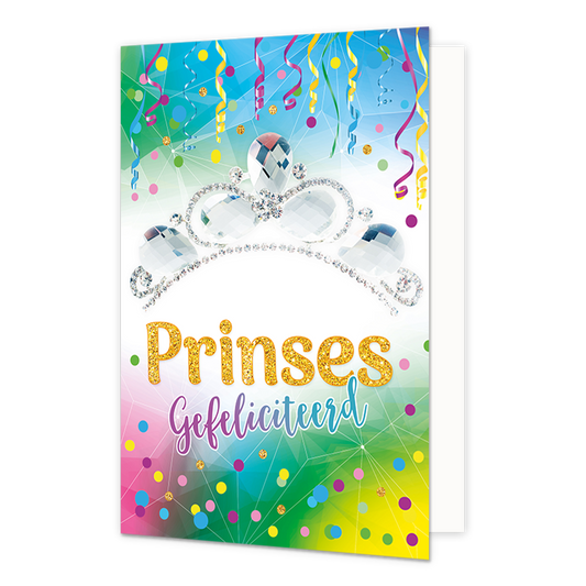 Prinses gefeliciteerd - Formaat: Normaal - Vorm: Staand - Carnavalskaart - Op deze carnavalskaart staat een tiara met de tekst: "Prinses gefeliciteerd". - Snelwenskaart