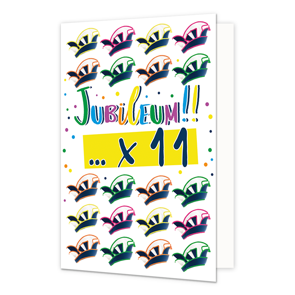 Jubileum! - Formaat: Normaal - Vorm: Staand - Carnavalskaart - Op deze carnavalskaart staan prinsensteken met de tekst: "Jubileum!! ... x 11". - Snelwenskaart