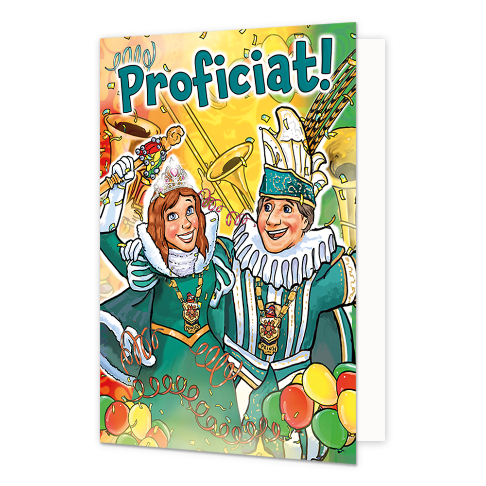 Proficiat! - Formaat: Normaal - Vorm: Staand - Carnavalskaart - Op deze carnavalskaart staan een carnavalsprins en prinses met de tekst: "Proficiat!". - Snelwenskaart