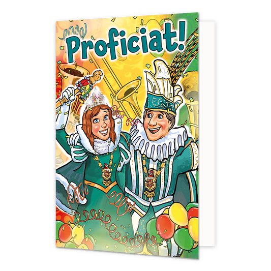 Proficiat! - Formaat: Normaal - Vorm: Staand - Carnavalskaart - Op deze carnavalskaart staan een carnavalsprins en prinses met de tekst: "Proficiat!". - Snelwenskaart