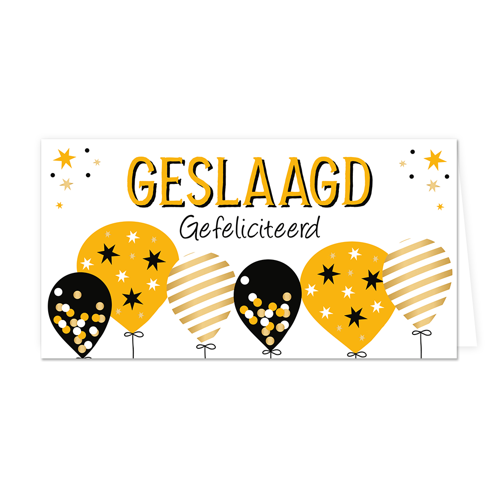 Geslaagd gefeliciteerd - Formaat: Groot - Vorm: Liggend - Geslaagd kaart - Op deze wenskaart staan ballonnen in de kleuren oranje, goud, wit en zwart met daarboven de tekst: "Geslaagd gefeliciteerd". - Snelwenskaart