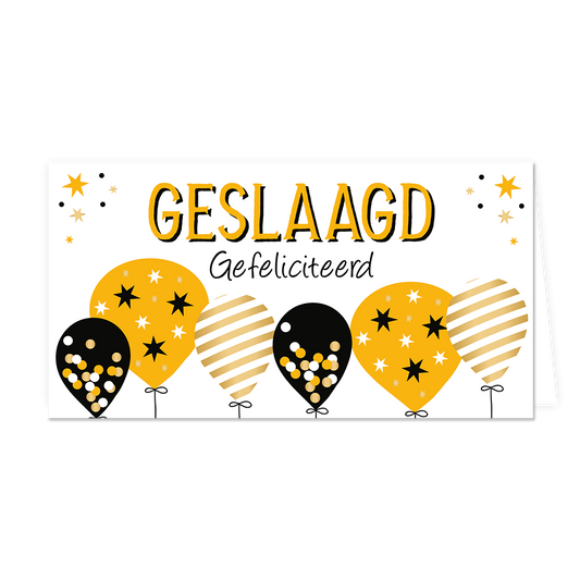 Geslaagd gefeliciteerd - Formaat: Groot - Vorm: Liggend - Geslaagd kaart - Op deze wenskaart staan ballonnen in de kleuren oranje, goud, wit en zwart met daarboven de tekst: "Geslaagd gefeliciteerd". - Snelwenskaart