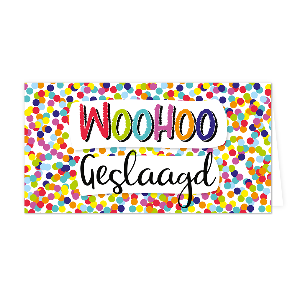 Woohoo geslaagd - Formaat: Groot - Vorm: Liggend - Geslaagd kaart - Op deze wenskaart staat confetti in diverse kleuren met in het midden de tekst: "Woohoo geslaagd". - Snelwenskaart