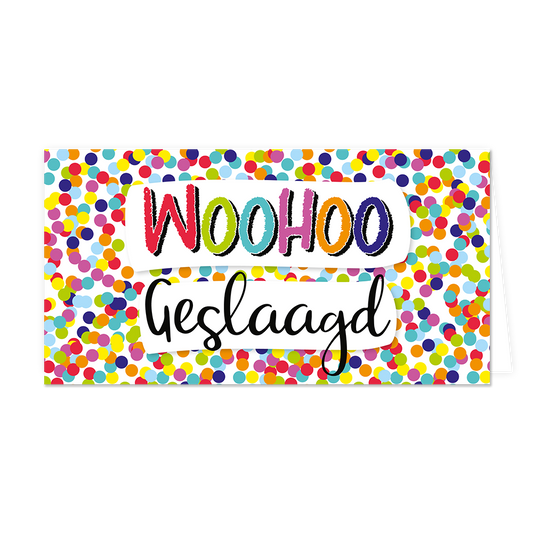 Woohoo geslaagd - Formaat: Groot - Vorm: Liggend - Geslaagd kaart - Op deze wenskaart staat confetti in diverse kleuren met in het midden de tekst: "Woohoo geslaagd". - Snelwenskaart