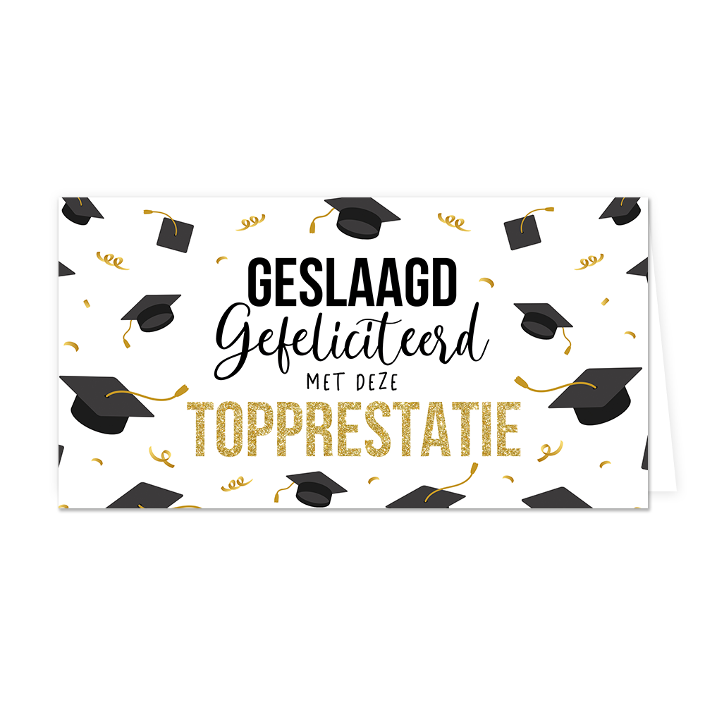 Geslaagd gefeliciteerd met deze topprestatie - Formaat: Groot - Vorm: Liggend - Geslaagd kaart - Op deze wenskaart staan afstudeerhoedjes met in het midden de tekst: "Geslaagd gefeliciteerd met deze topprestatie". - Snelwenskaart