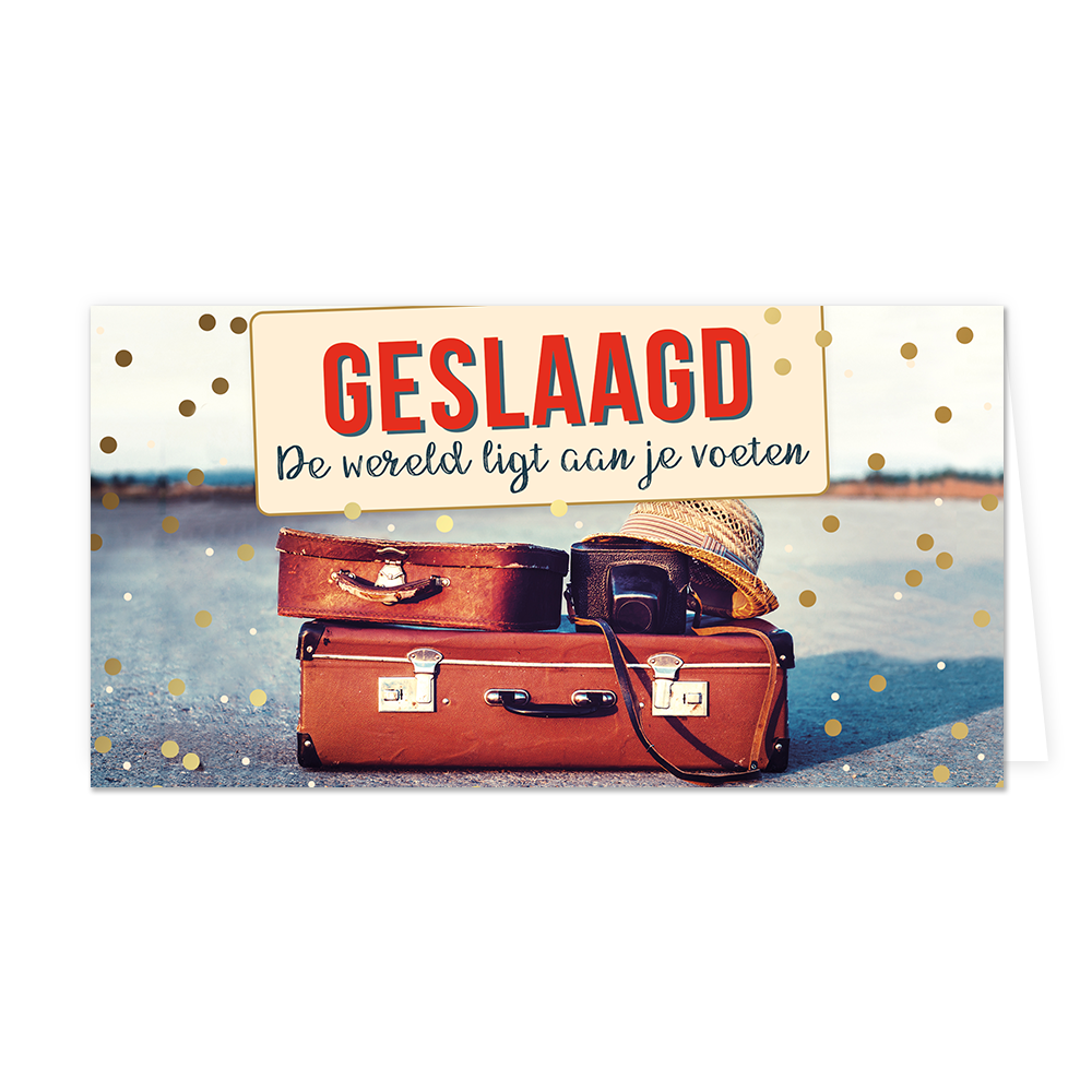 Geslaagd de wereld ligt aan je voeten - Formaat: Groot - Vorm: Liggend - Geslaagd kaart - Op deze wenskaart staan reiskoffers met een camera en strohoedje. Daarboven staat de tekst: "Geslaagd de wereld ligt aan je voeten". - Snelwenskaart