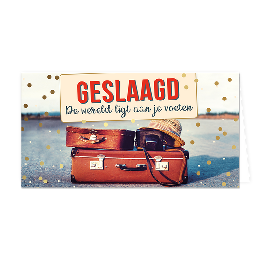 Geslaagd de wereld ligt aan je voeten - Formaat: Groot - Vorm: Liggend - Geslaagd kaart - Op deze wenskaart staan reiskoffers met een camera en strohoedje. Daarboven staat de tekst: "Geslaagd de wereld ligt aan je voeten". - Snelwenskaart
