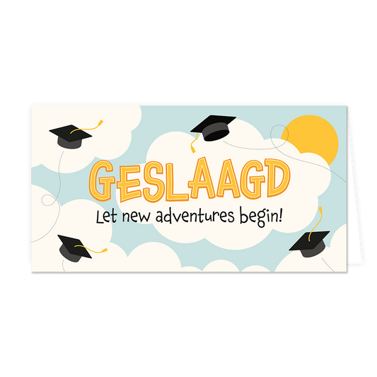 Geslaagd let new adventures begin! - Formaat: Groot - Vorm: Liggend - Geslaagd kaart - Op deze wenskaart staan wolken en afstudeerhoedjes met in het midden de tekst: "Geslaagd let new adventures begin!". - Snelwenskaart