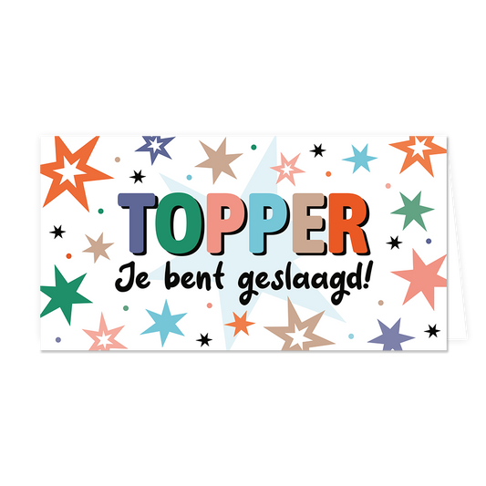 Topper je bent geslaagd - Formaat: Groot - Vorm: Liggend - Geslaagd kaart - Op deze wenskaart staan sterren in de kleuren oranje, blauw, beige, groen en paars. In het midden staat de tekst: "Topper je bent geslaagd!". - Snelwenskaart