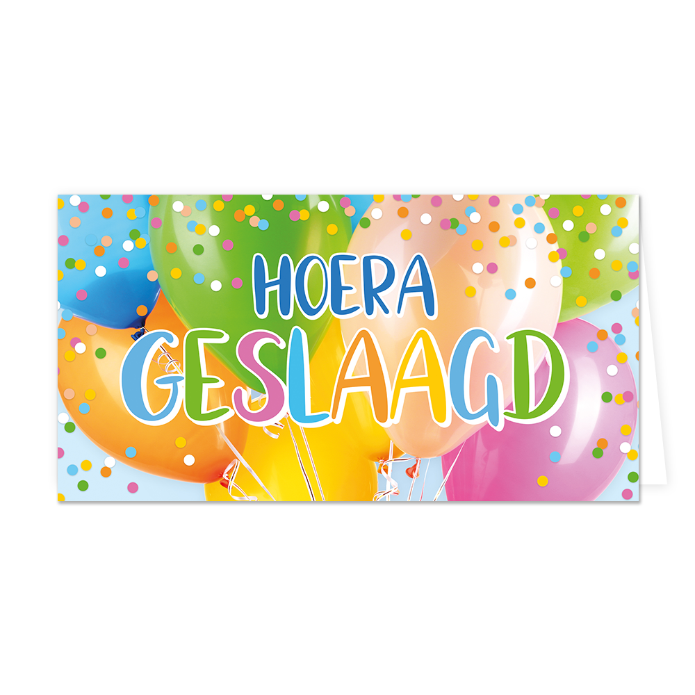Hoera geslaagd - Formaat: Groot - Vorm: Liggend - Geslaagd kaart - Op deze wenskaart staan ballonnen in de kleuren oranje, groen, blauw, geel en roze met in het midden de tekst: "Hoera geslaagd". - Snelwenskaart