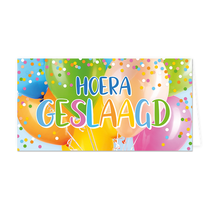 Hoera geslaagd - Formaat: Groot - Vorm: Liggend - Geslaagd kaart - Op deze wenskaart staan ballonnen in de kleuren oranje, groen, blauw, geel en roze met in het midden de tekst: "Hoera geslaagd". - Snelwenskaart
