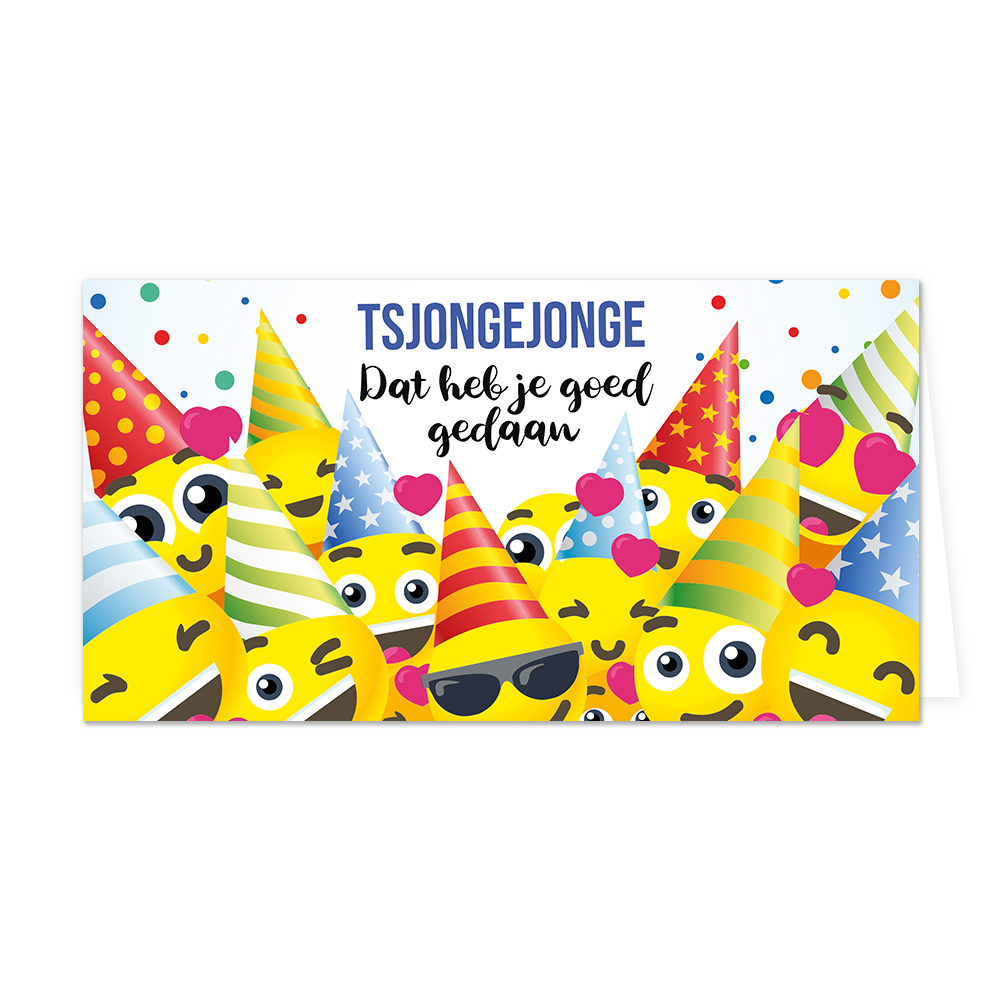 Tsjongejonge dat heb je goed gedaan - Formaat: Groot - Vorm: Liggend - Geslaagd kaart - Op deze wenskaart staan smiley's met feesthoedjes op en de tekst: "Tsjongejonge dat heb jij goed gedaan". - Snelwenskaart