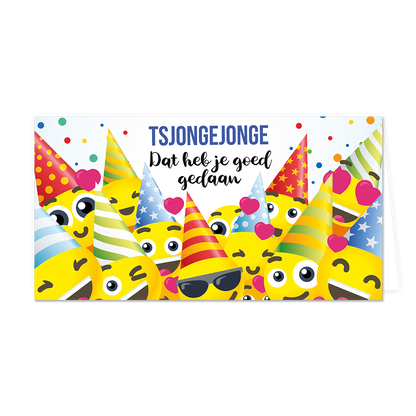 Tsjongejonge dat heb je goed gedaan - Formaat: Groot - Vorm: Liggend - Geslaagd kaart - Op deze wenskaart staan smiley's met feesthoedjes op en de tekst: "Tsjongejonge dat heb jij goed gedaan". - Snelwenskaart