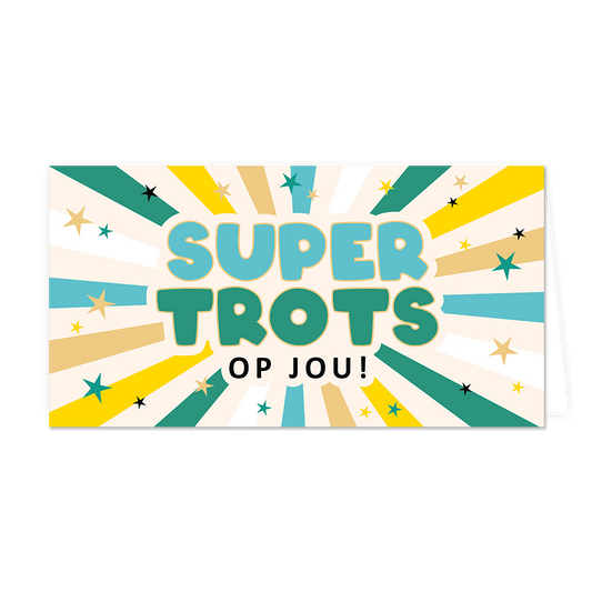 Super trots op jou! - Formaat: Groot - Vorm: Liggend - Geslaagd kaart - Op deze wenskaart staan lijnen in de kleuren beige, geel, wit, blauw en groen. In het midden staat de tekst: "Super trots op jou!". - Snelwenskaart