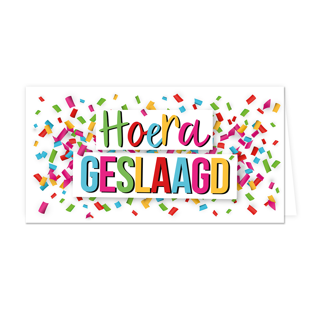 Hoera geslaagd - Formaat: Groot - Vorm: Liggend - Geslaagd kaart - Op deze wenskaart staat confetti in diverse kleuren met in het midden de tekst: "Hoera geslaagd". - Snelwenskaart
