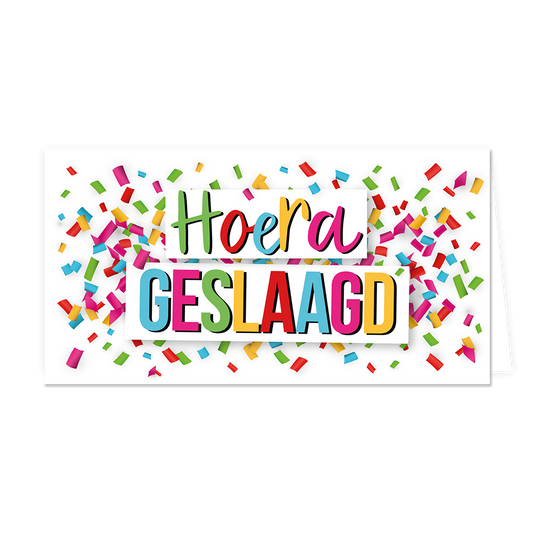 Hoera geslaagd - Formaat: Groot - Vorm: Liggend - Geslaagd kaart - Op deze wenskaart staat confetti in diverse kleuren met in het midden de tekst: "Hoera geslaagd". - Snelwenskaart