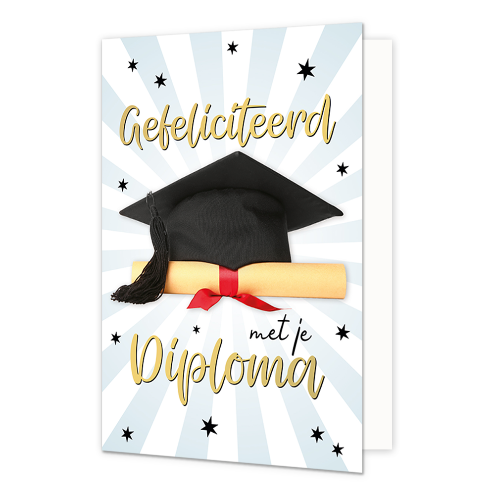 Gefeliciteerd met je diploma - Formaat: Normaal - Vorm: Staand - Geslaagd kaart - Op deze wenskaart staat een afstudeerhoedje met een opgerolde diploma en de tekst: "Gefeliciteerd met je diploma". - Snelwenskaart
