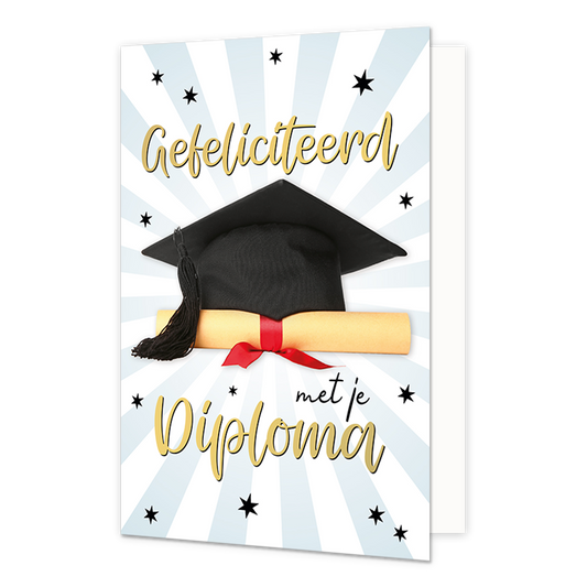 Gefeliciteerd met je diploma - Formaat: Normaal - Vorm: Staand - Geslaagd kaart - Op deze wenskaart staat een afstudeerhoedje met een opgerolde diploma en de tekst: "Gefeliciteerd met je diploma". - Snelwenskaart