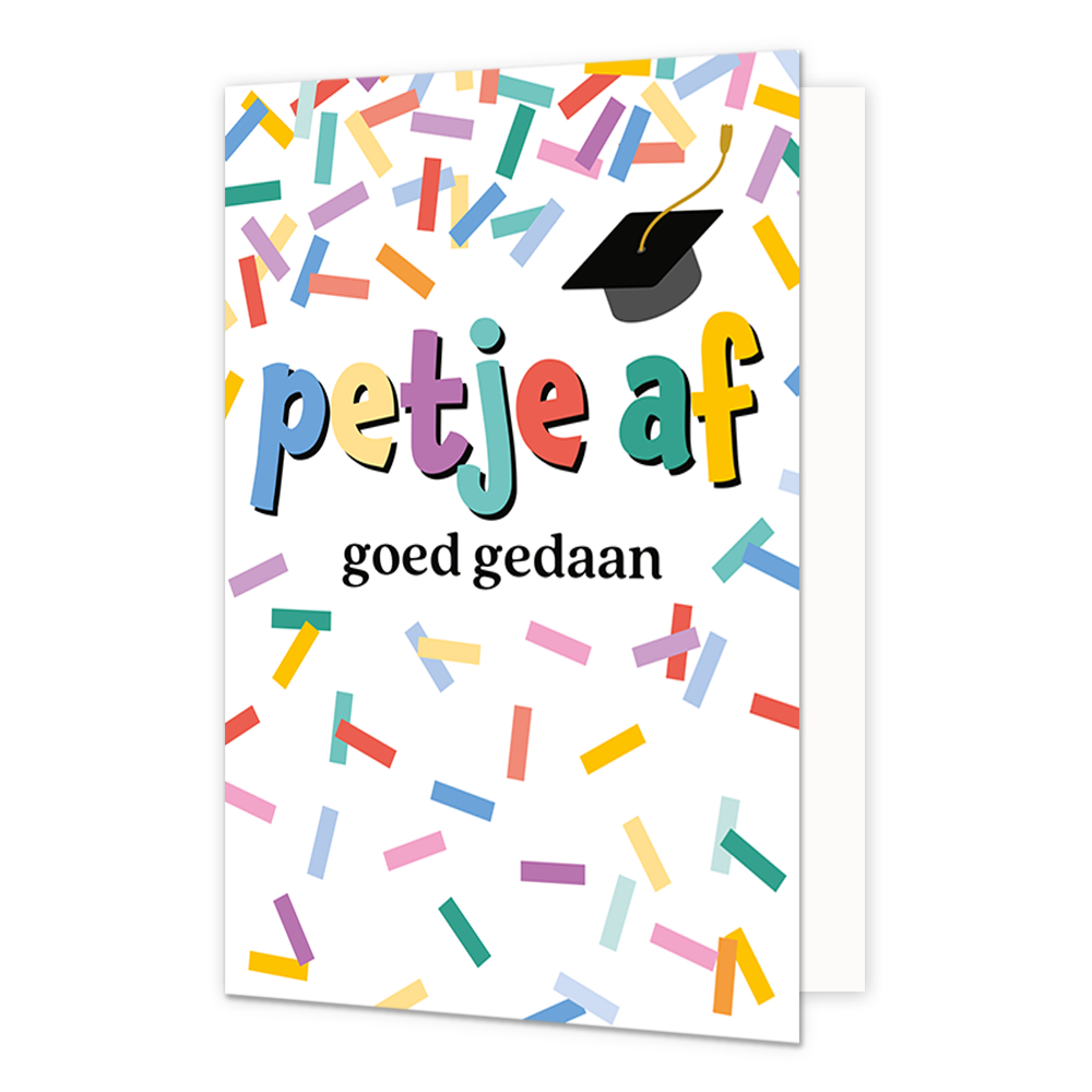 Petje af goed gedaan - Formaat: Normaal - Vorm: Staand - Geslaagd kaart - Op deze wenskaart staat confetti in diverse kleuren met in het midden de tekst: "Petje af goed gedaan". - Snelwenskaart